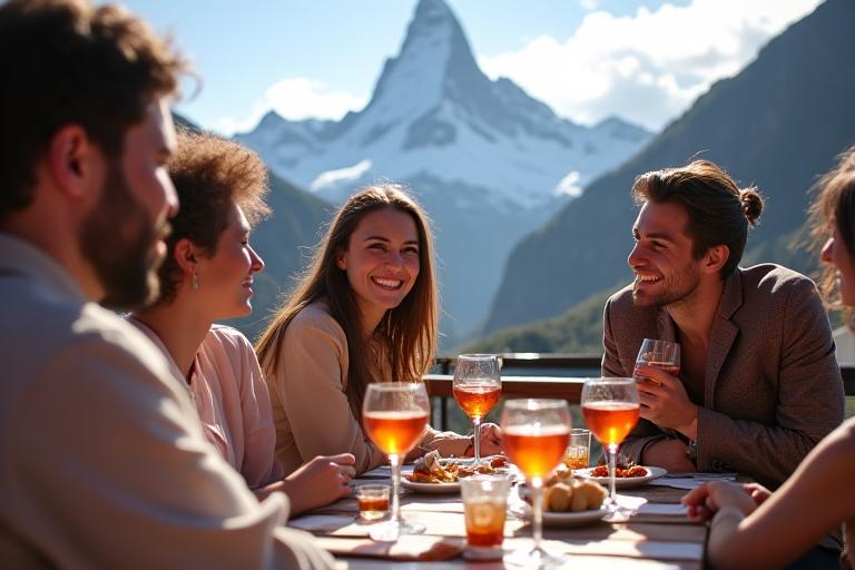 Lachende Gäste geniessen einen Aperitif auf einer sonnigen Terrasse in Zermatt