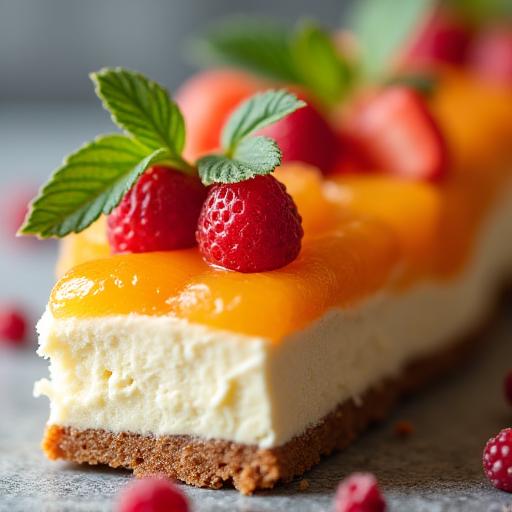 Nahaufnahme einer kunstvollen Dessertkreation mit frischen Früchten