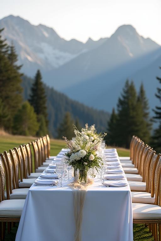 Elegant gedeckte Hochzeitstafel mit Alpenpanorama im Hintergrund