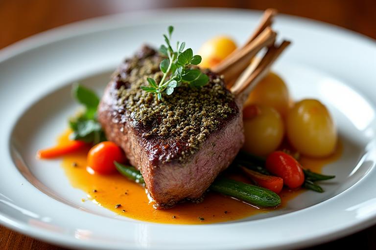 Perfekt angerichtetes Lammkarree mit Kräuterkruste, Kartoffelgratin und buntem Gemüse