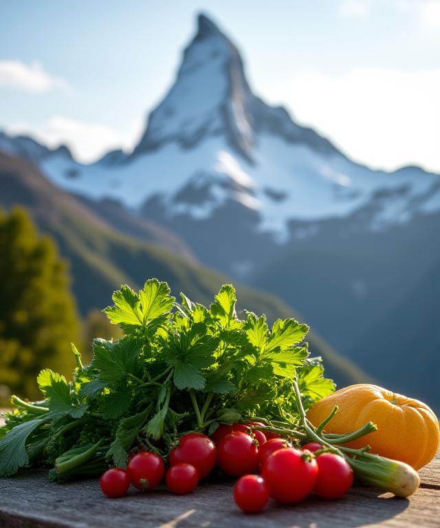 Frische Kräuter und Zutaten vor der Kulisse des Matterhorns
